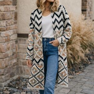 Dreamers by Debut Open Front Knit Cardigan Aztec Chevron Boho Cozy Longline